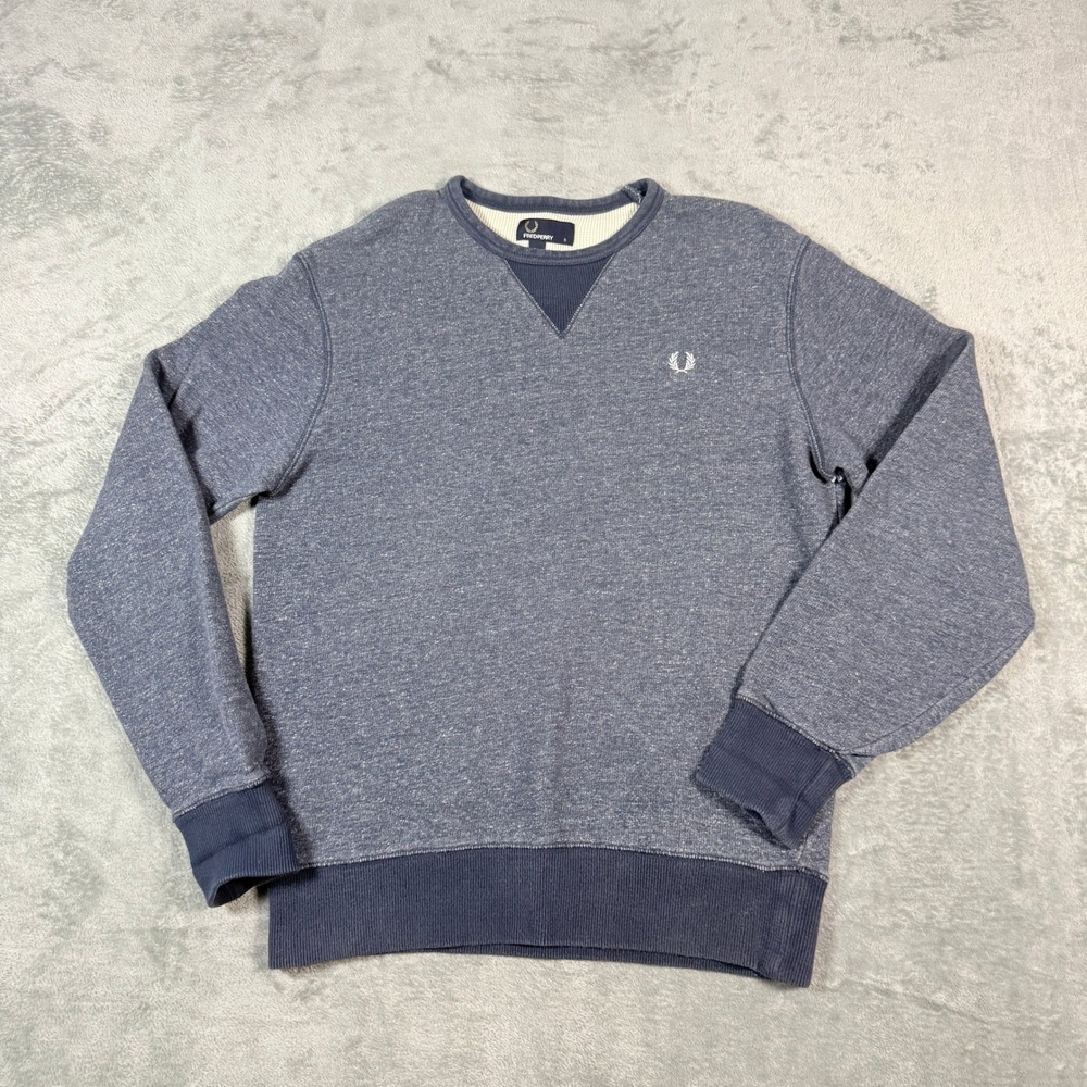 Fred Perry Mens Small Sweatshirt Blue Marl Crewneck Cotton M8204 Laurel Wreath